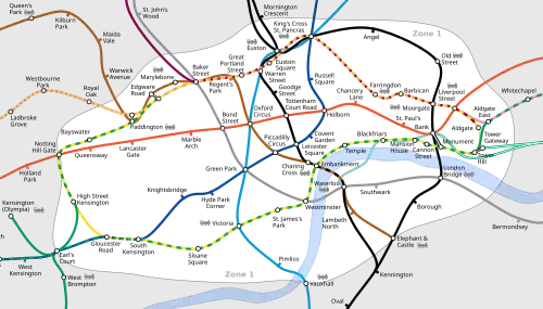 Diagram containing several differently-coloured lines connecting nodes that are small hollow black circles. The lines and stations are at geographically accurate positions, with the curved lines drawn more flexibly than on the traditional Tube map. The river is also included, represented as a geographically accurate light blue strip. This map is arguably harder to read.