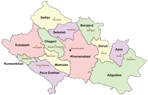 Location of Selseleh County in Lorestan province (top, purple)