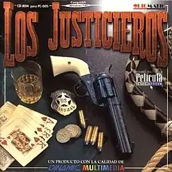 Box art featuring game title and an a photo of the top of a table with a revolver, coins, playing cards, a whip, bullets, a sheriff badge, and a glass of whiskey.