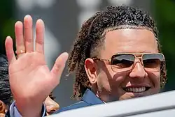 Luis Castillo waving before the 2019 All-Star Game