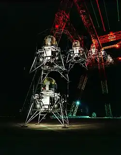 This multiple exposure shows a simulated Moon landing of the Lunar Lander trainer