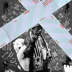 Lil Uzi Vert in black and white, holding up a peace sign. A polar bear is on their back and they are surrounded by white doodles that refer to the album and its tracks. Two strips of light blue tape overlay the cover art, intersecting at the top.