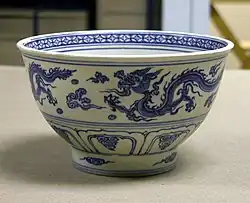 Blue and white bowl with dragon texture, during Hồng Đức's years (1469–1497) of Later Lê dynasty. Metropolitan Museum of Art.