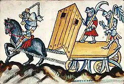 Illustration from Bellifortis showing a mounted knight with a short flail, circa 1450