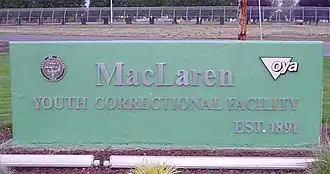 Sign with the name of the prison, Oregon Youth Authority logo, and date of establishment.