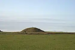 A small round hill lies beyond a field of tall grasses. The hill is also grass covered. A small entrance way to a passage into the hill is just visible at centre and a small human figure stands on top of the elevation.
