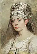 Boyaryshnya with kokoshnik covered with veil. 19th-century painting by Konstantin Makovsky.