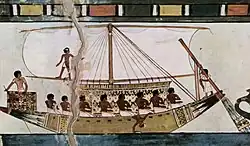 Stern-mounted steering oar of an Egyptian riverboat depicted in the Tomb of Menna, c. 1422 – c. 1411 BC