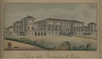 Sepia tone print shows the Villa La Favorita in 1829.