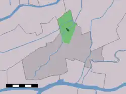 The town centre (dark green) and the statistical district (light green) of Noordeloos in the municipality of Giessenlanden.