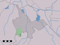The village centre (dark green) and the statistical district (light green) of Zeijen in the municipality of Tynaarlo.