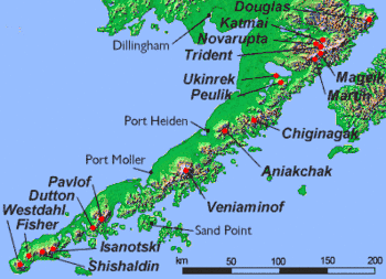 Map showing volcanoes of Alaska Peninsula