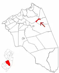 Wrightstown highlighted in Burlington County. Inset map: Burlington County highlighted in the State of New Jersey.
