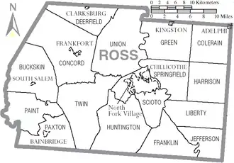 Location of Huntington Township and Denver within Ross County
