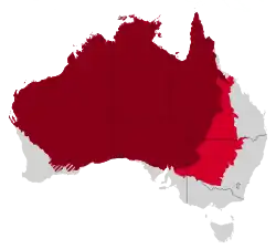 Red and dark red areas form the Outback, dark red and striped areas forms the modern Outback.[a]
