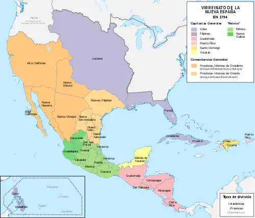 New Spain in 1794, with the Captaincy General of Guatemala shown in pink Central America around 1800