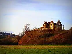View of the ruined monastery at Mariemont Hill that overlooks the town