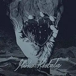 Illustration of a fire hand holding a heart dyed with start patterns. The drawing is composed of several shades of dark blue.