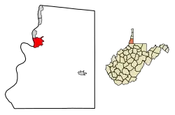 Location of Moundsville in Marshall County, West Virginia.