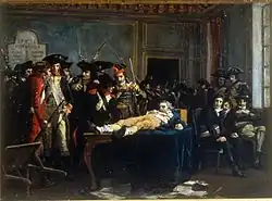 Lying on a table Robespierre is the object of the curiosity and quips of Thermidorians, painting by Lucien-Étienne Mélingue (Salon de 1877; in the Musée de la Révolution française)