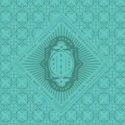 A green geometric pattern with a skull in the middle