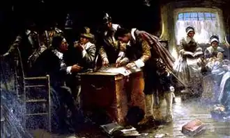 Signing the Mayflower Compact, by Edward Percy Moran, c. 1900, is now in the collection of the Pilgrim Hall Museum