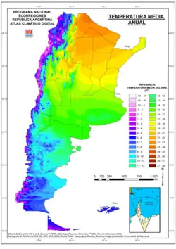 Map showing mean temperatures in Argentina (including the Falkland Islands). Mean annual temperatures range from more than 22 °C (71.6 °F) in the center north to between 4 °C (39.2 °F) in the south and extreme western parts of the country. Temperatures generally decrease southwards and westwards owing to a higher latitude and altitude.