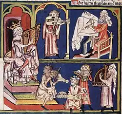 1340 A.D., Germany. King David with scribes and musicians, detail from World Chronicle of Rudolf von Ems.