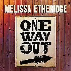 A graphic of wood paneling with a sign that has "ONE / WAY / OUT" written on it and an arrow resembling a guitar