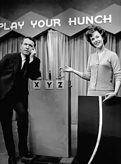 TV game show Play Your Hunch (1958) with host Griffin and Liz Gardner.