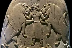 Image 20Mesopotamian king as Master of Animals on the Gebel el-Arak Knife, dated to the Naqada II period circa 3300-3200 BC, Abydos, Egypt. Louvre Museum, reference E 11517. This work of art both shows the influence of Mesopotamia on Egypt at an early date, and the state of Mesopotamian royal iconography during the Uruk period. (from History of ancient Egypt)