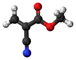 Ball-and-stick model of the methyl cyanoacrylate molecule