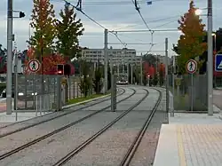 Siding beyond the platforms, with terminating tram