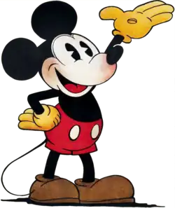 A smiling cartoon mouse with round ears, red shorts with white buttons, yellow gloves, and round brown shoes.