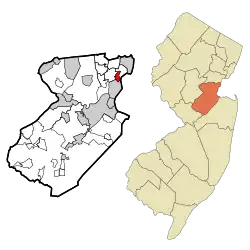 Map of Sewaren highlighted within Middlesex County. Right: Location of Middlesex County in New Jersey.