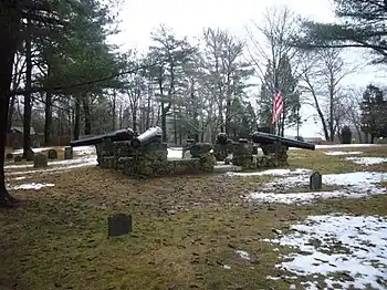 A monument featuring four black cannon barrels mounted on a stone wall in the middle of a small cemetery. The ground is partly covered with snow. Many trees stand in the background. The sky is cloudy.