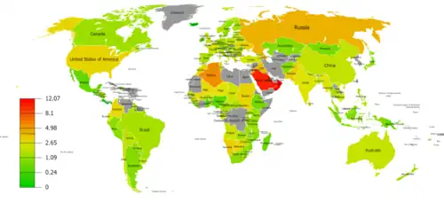 Map of military expenditures as a percentage of GDP by country, 2017[37][needs update]