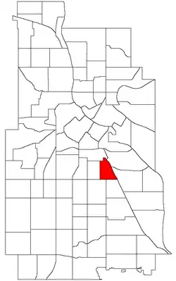 Location of East Phillips within the U.S. city of Minneapolis