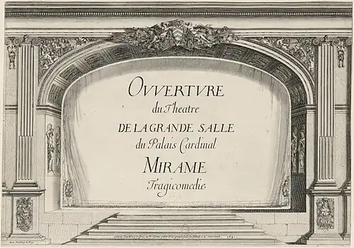 Proscenium arch with a drop-curtain for Desmarets' Mirame (1641), engraving by Stefano della Bella