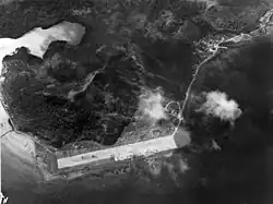 Chuuk Airport (Formerly Moen Airfield 1) in February 1944 from a TBF Avenger of VT-6 from the USS Intrepid CV-11.