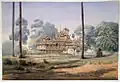 Watercolour with pen and ink of a kyaung (Buddhist monastery) at Amarapura, Burma, 1855