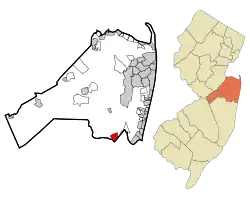 Location of Ramtown in Monmouth County highlighted in red (left). Inset map: Location of Monmouth County in New Jersey highlighted in orange (right).