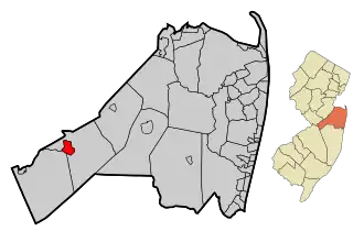 Map of Roosevelt in Monmouth County. Inset: Location of Monmouth County highlighted in the State of New Jersey.