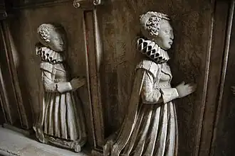 Two sculptures in relief showing Elizabethan women at prayer