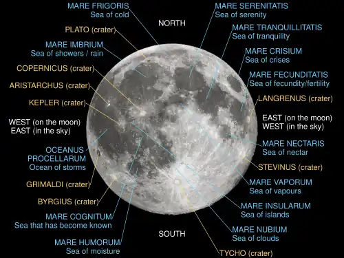 Lunar nearside with major maria and craters labeled