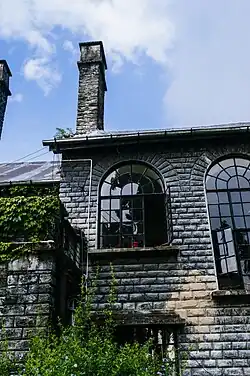 Close-up of rear glass windows of Morgan House