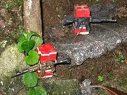Two armed people stand outside a building in Morrinho