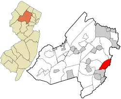 Location of Hanover Township in Morris County highlighted in red (right). Inset map: Location of Morris County in New Jersey highlighted in orange (left).