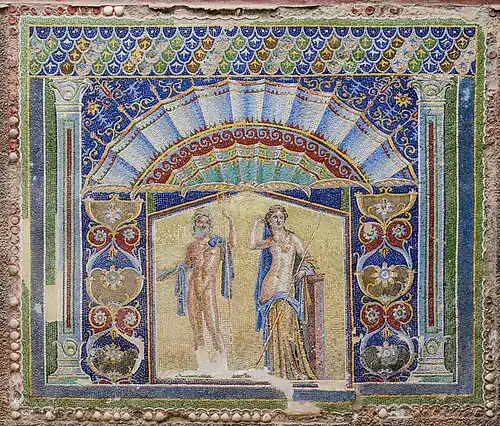 Colorful ancient Roman mosaic depicting the story of Neptune and Amphitrite. It is made of thousands of tiny colorful tiles. The mosaic is more than a meter across.