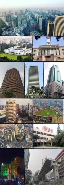From top: Skyline of Motijheel, Bangabhaban, RAJUK, Janata Bank Tower, Bangladesh Bank Building, City Centre Dhaka, Jiban Bima Tower and Bangladesh Development Bank, National Stadium, Shapla Square, Notre Dame College, Balaka Square, Motijheel metro station